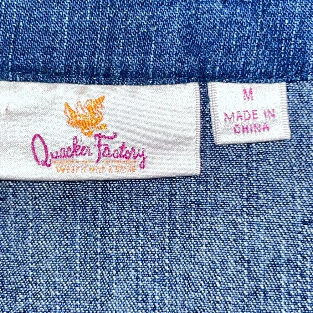 Quacker Factory Custom Denim Jacket No Bad Vibes Peace Rhinestone boho Sz M